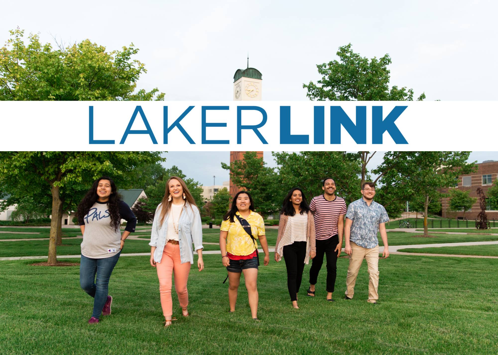 Students walking away from Cook Carillon-Tower with the words "LakerLink" above their heads.